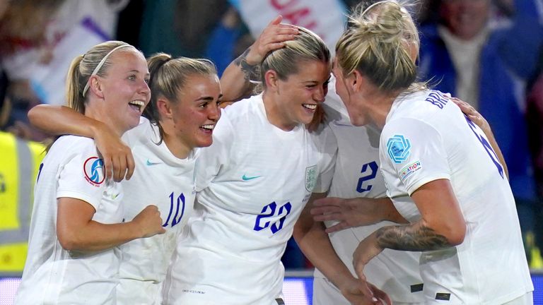 England's Alessia Russo (centre) celebrates after scoring their side's third goal against Sweden