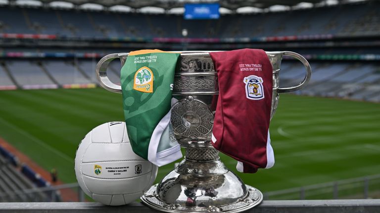 21 July 2022; The Sam Maguire cup with the Kerry and Galway jerseys at Croke Park in advance of the GAA All-Ireland Senior Football Championship Final match between Kerry and Galway in Dublin on Sunday. Photo by Brendan Moran/Sportsfile