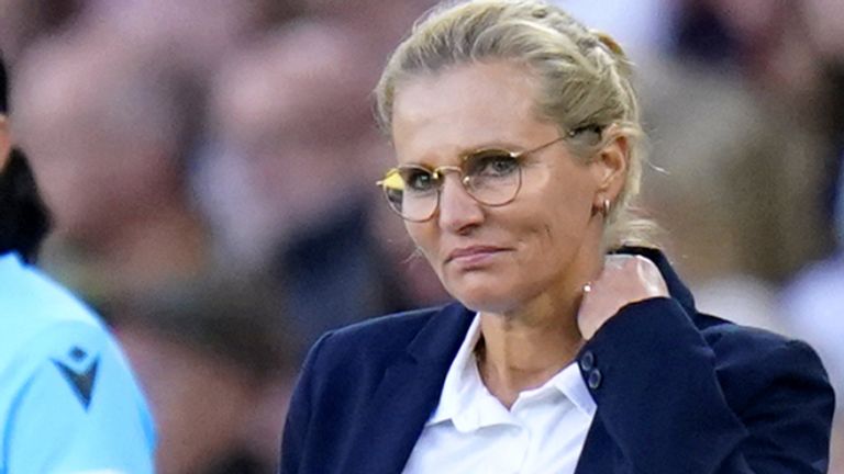 England women's team head coach Sarina Weigman watches from the touchline during the Euro 2022 semi-final against Sweden at Bramall Lane