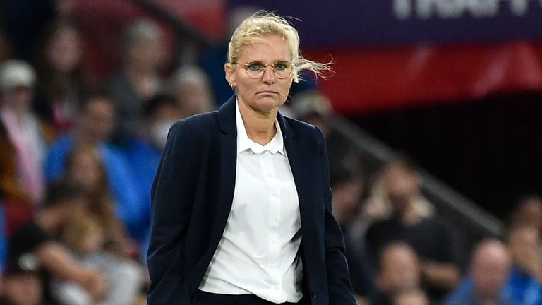 England's manager Sarina Wiegman stands by the touchline 