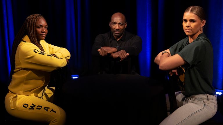 THE GLOVES ARE OFF.SHIELDS-MARSHALL.SKY STUDIOS,.ISLEWORTH,.MIDX.PIC;LAWRENCE LUSTIG.SAVANNAH MARSHALL AND CLARISSA SHIELDS COME FACE TO FACE AS THEY ANSWER QUESTIONS FROM JOHNNY NELSON ON THE UPCOMING UNIFICATION FIGHT AT LONDONS O2 ARENA ON SEPTEMBER 10TH.
