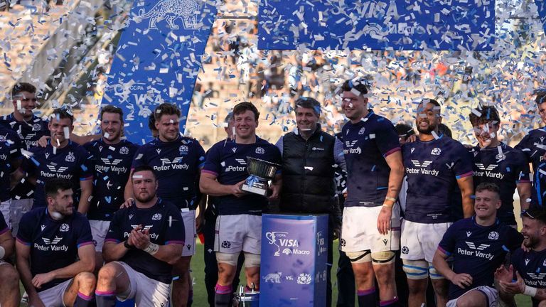 Scotland's players celebrate winning the Test against Argentina in Salta