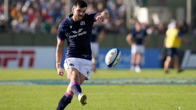 Scotland's Blair Kinghorn kicks the ball to convert a try against Argentina