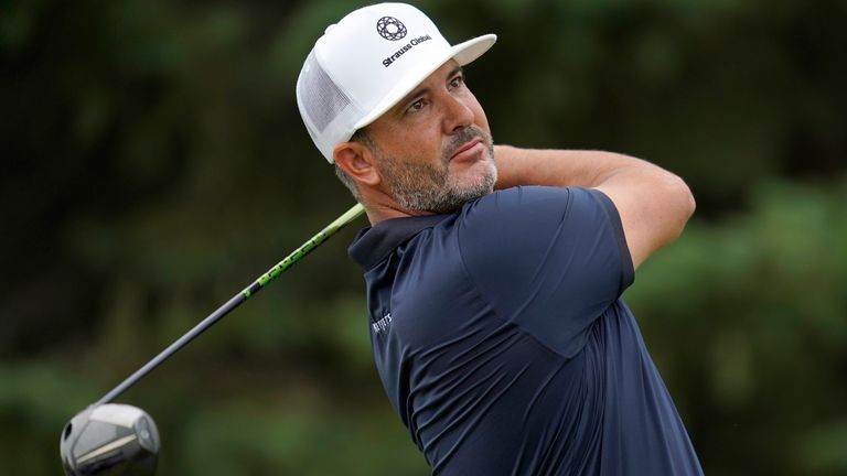 Scott Piercy watches his tee shot on the second hole during the third round of the 3M Open golf tournament at the Tournament Players Club in Blaine, Minn., Saturday, July 23, 2022. (AP Photo/Abbie Parr)