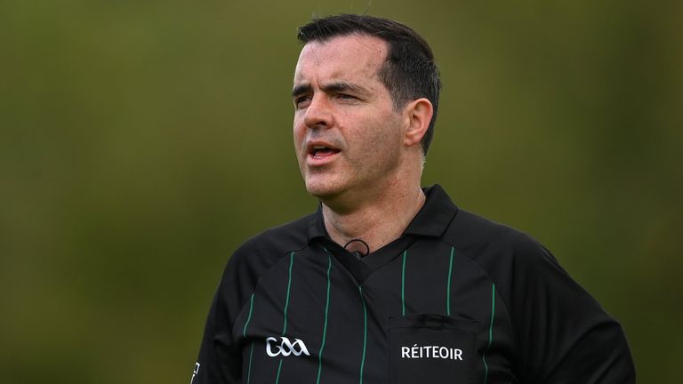 29 May 2022; Referee Sean Hurson during the Ulster GAA Football Senior Championship Final between Derry and Donegal at St Tiernach's Park in Clones, Monaghan. Photo by Stephen McCarthy/Sportsfile