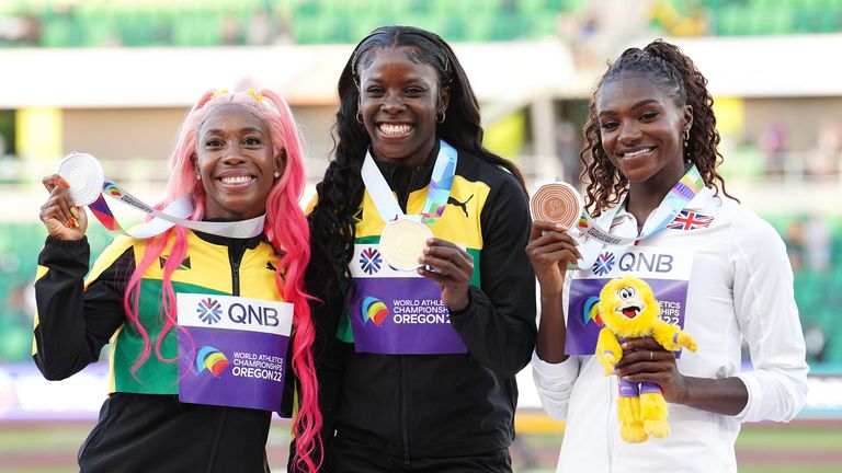 Dina Asher-Smith (right) celebrates with her Bronze Medal following the Women's 200m Final, with Shelly-Ann Fraser-Pryce (left) taking Silver and Shericka Jackson (centre) winning Gold, Photo: Martin Rickett/PA Wire/PA Images