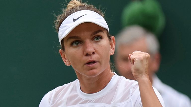 Simona Halep of Romania reacts during the game of the ladies&#39; singles quarter-finals match against Amanda Anisimova of United States of America in the Championships, Wimbledon at All England Lawn Tennis and Croquet Club in London, the United Kingdom on July 6, 2022. ( The Yomiuri Shimbun via AP Images )