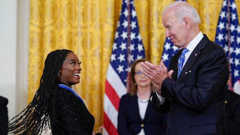 President Joe Biden awards the nation's highest civilian honour, the Presidential Medal of Freedom, to gymnast Simone Biles (Photo: Susan Walsh/AP)