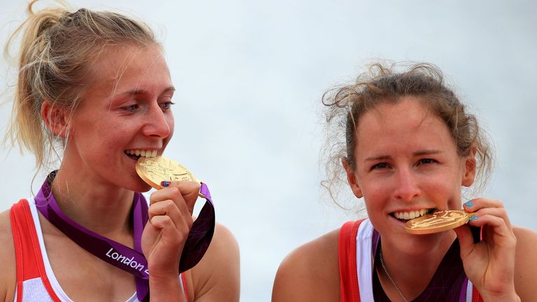 Great Britain's Sophie Hosking (right) and Katherine Copeland celebrate winning gold in the final of the lightweight women's double sculls