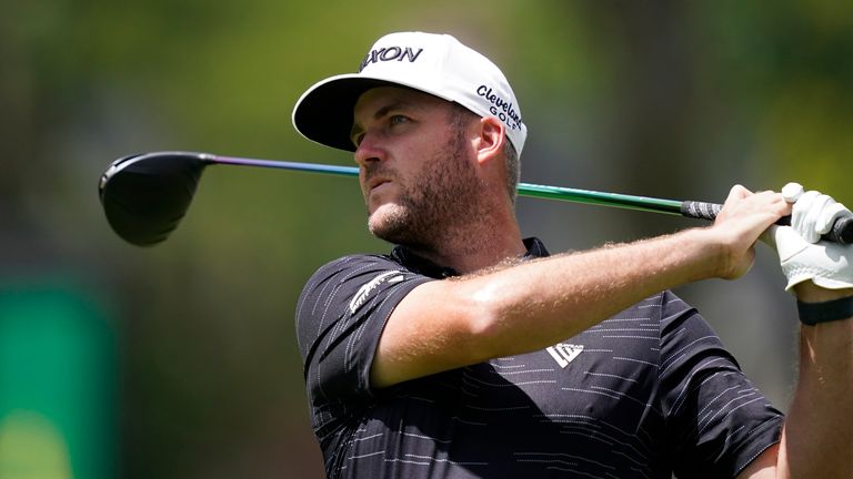 Taylor Pendrith drives off the second tee during the third round of the Rocket Mortgage Classic golf tournament, Saturday, July 30, 2022, in Detroit. (AP Photo/Carlos Osorio)