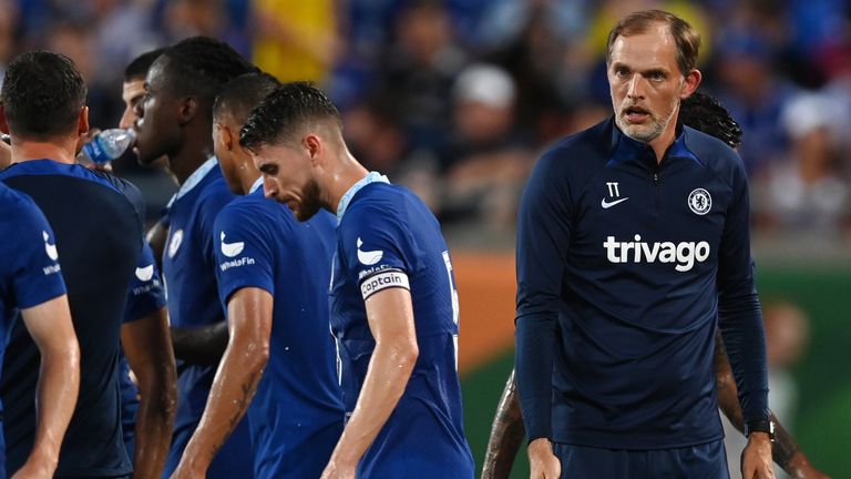 Chelsea manager Thomas Tuchel speaks to his players during thier pre-season friendly match against Arsenal at Camping World Stadium on July 23, 2022 in Orlando, Florida. (Photo by Darren Walsh/Chelsea FC via Getty Images)