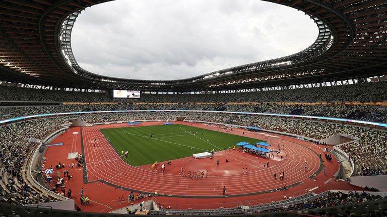 FILE: A photo shows National Stadium on May 21, 2022. It has been decided that the 2025 World Athletics Championships will be held at the National Stadium in Tokyo. The National Stadium is also the stadium where the summer Olympics was held in 2021.( The Yomiuri Shimbun via AP Images )