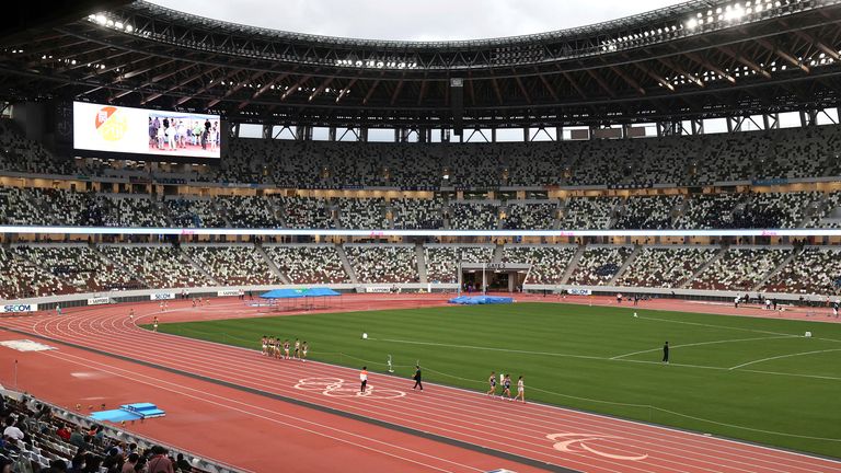 FILE: A photo shows National Stadium on May 21, 2022. It has been decided that the 2025 World Athletics Championships will be held at the National Stadium in Tokyo. The National Stadium is also the stadium where the summer Olympics was held in 2021.( The Yomiuri Shimbun via AP Images )