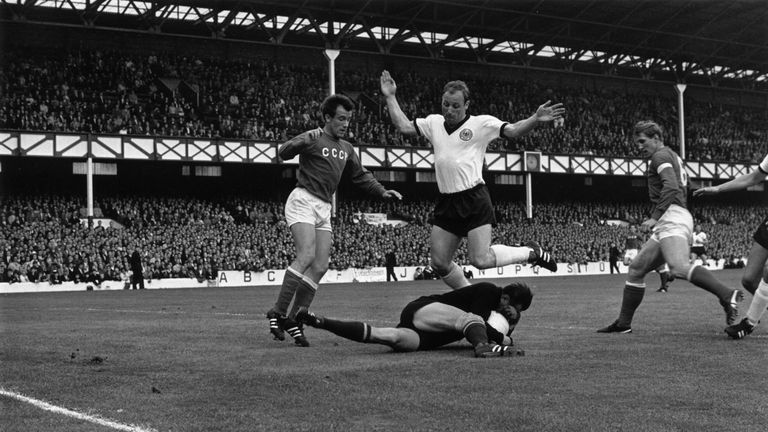 Seeler in action against the Soviet Union at Goodison Park in the 1966 World Cup semi-finals