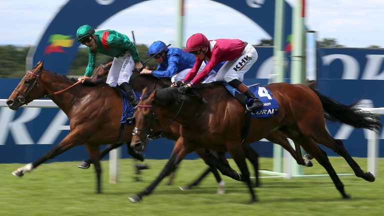 Vadeni (left) ridden by Christophe Soumillon wins The Coral-Eclipse during The Coral Summer Festival at Sandown Park