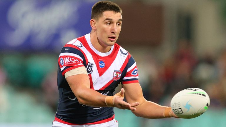 SYDNEY, AUSTRALIA - MAY 22: Victor Radley of the Roosters passes the ball during the round eleven NRL match between the Sydney Roosters and Brisbane Broncos at The Sydney Cricket Ground on May 22, 2021 in Sydney, Australia. (Photo by Speed Media/Icon Sportswire) (Icon Sportswire via AP Images)