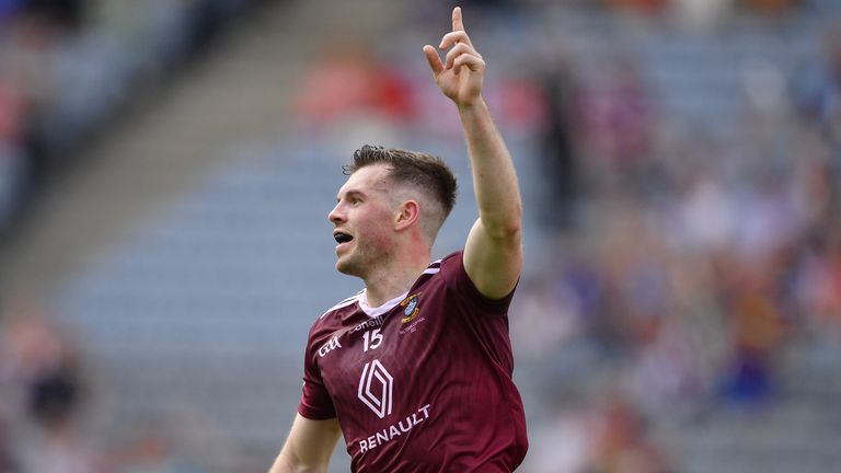 9 July 2022; Lorcan Dolan of Westmeath celebrates his 28th minute goal during the Tailteann Cup Final match between Cavan and Westmeath at Croke Park in Dublin. Photo by Ray McManus/Sportsfile