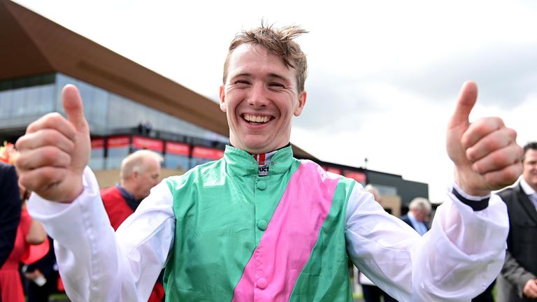 Colin Keane celebrates Westover&#39;s victory in the Irish Derby