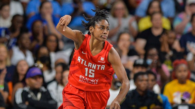 COLLEGE PARK, GA – JULY 03: Atlanta guard Tiffany Hayes (15) reacts after scoring during the WNBA game between the Seattle Storm and the Atlanta Dream on July 3rd, 2022 at Gateway Center Arena in College Park, GA
