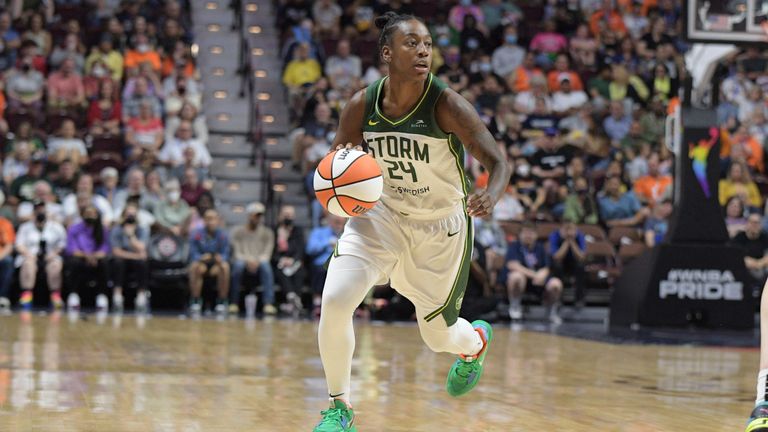 UNCASVILLE, CT - JUNE 17: Seattle Storm guard Jewell Loyd (24) dribbles the basketball during the WNBA game between the Seattle Storm and the Connecticut Sun on June 17,2022, at Mohegan Sun Arena in Uncasville, CT. (Photo by Erica Denhoff/Icon Sportswire) (Icon Sportswire via AP Images)