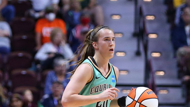 UNCASVILLE, CT - JUNE 22: New York Liberty guard Sabrina Ionescu (20) in action during the WNBA game between New York Liberty and Connecticut Sun on June 22, 2022, at Mohegan Sun Arena in Uncasville