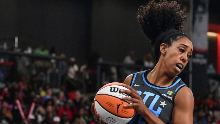 COLLEGE PARK, GA – JUNE 03: Atlanta forward Monique Billings (25) grabs a rebound during the WNBA game between the Chicago Sky and the Atlanta Dream on June 3rd, 2022 at Gateway Center Arena in College Park, GA.
