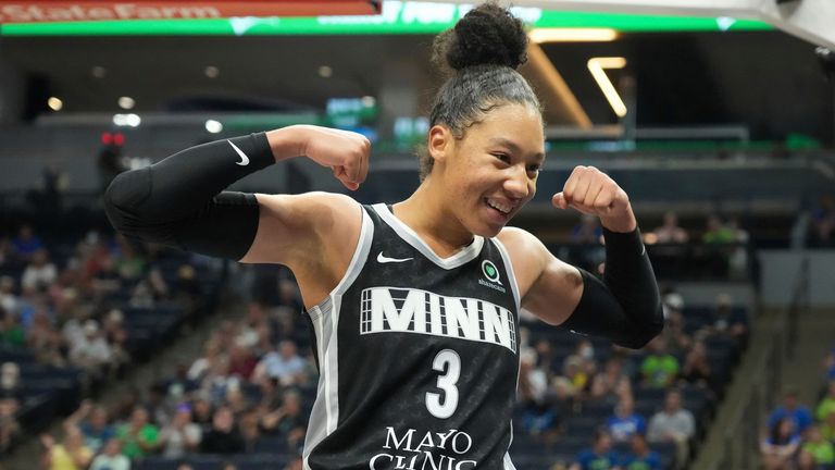 Minnesota Lynx forward Aerial Powers (3) interacts with fans after a play during the second half of a WNBA basketball game against the Chicago Sky in Minneapolis, Wednesday, July 6, 2021.