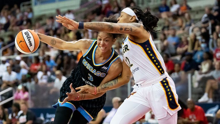 Chicago Sky forward Candace Parker (3) drives against the Indiana Fever during a WNBA basketball game Thursday, July 7, 2022, in Indianapolis. (Grace Hollars/The Indianapolis Star via AP)


