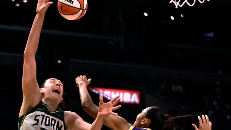 Los Angeles Sparks forward Olivia Nelson-Ododa blocks the shot attempt by Seattle Storm forward Breanna Stewart during the first half of a WNBA basketball game Thursday, July 7, 2022, in Los Angeles. (Keith Birmingham/The Orange County Register via AP)


