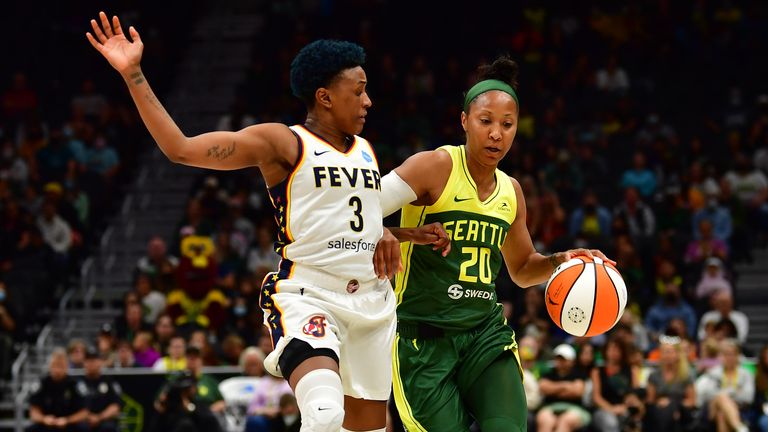 Briann January #20 of the Seattle Storm handles the ball during the game against the Indiana Fever on July 17, 2022 at the Climate Pledge Arena in Seattle, Washington.