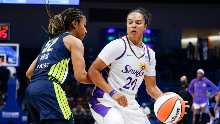 Los Angeles Sparks guard Kristi Toliver, right, is defended by Dallas Wings guard Tyasha Harris during the second half of a WNBA basketball game Friday, July 1, 2022 in Arlington, Texas. (Shafkat Anowar/The Dallas Morning News via AP)


