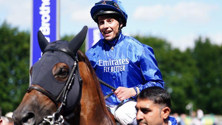 William Buick celebrates winning the Princess Of Wales&#39;s Close Brothers Stakes riding Yibir on Ladies day of the Moet and Chandon July Festival at Newmarket racecourse, Suffolk. Picture date: Thursday July 7, 2022.