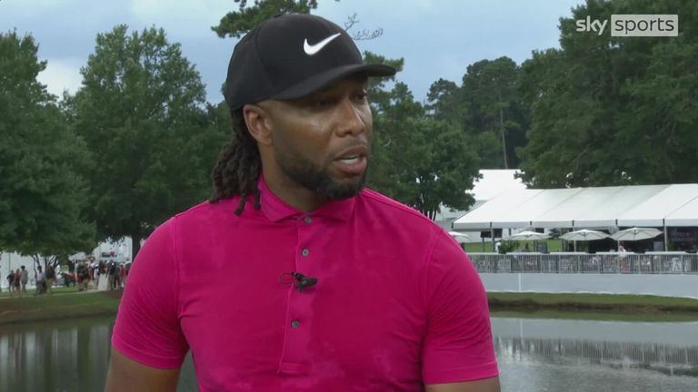 Lake Buena Vista, FL, USA. 17th Jan, 2020. NFL player Larry Fitzgerald  reacts to sinking his par putt from off the green on 18 during 2nd round of  Diamond Resorts Tournament of