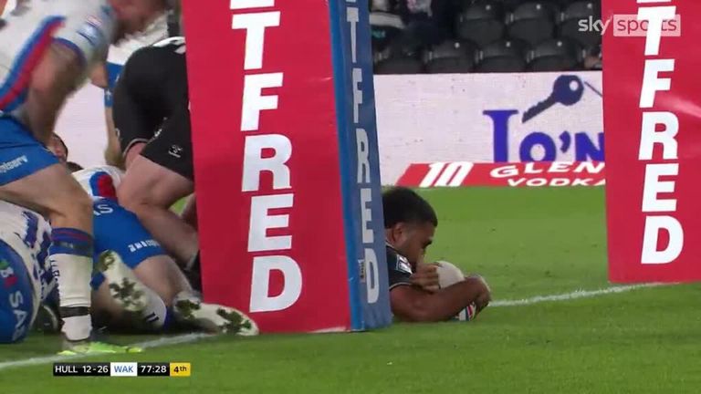 Hull FC's Chris Satae scores a consolation try against Wakefield Trinity.