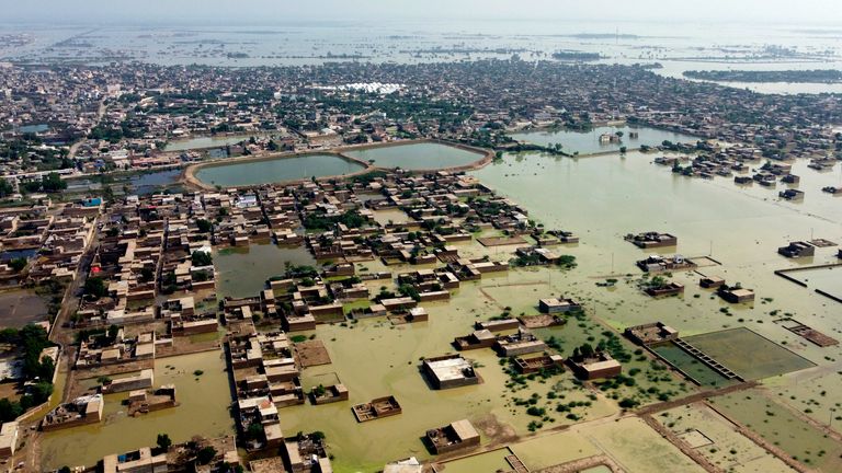 Homes are surrounded by floodwaters in Jaffarabad, a district of Pakistan's southwestern Baluchistan province, Wednesday, Aug. 31, 2022. Officials in Pakistan raised concerns Wednesday over the spread of waterborne diseases among thousands of flood victims as flood waters from powerful monsoon rains began to recede in many parts of the country. (AP Photo/Zahid Hussain)
PIC:AP