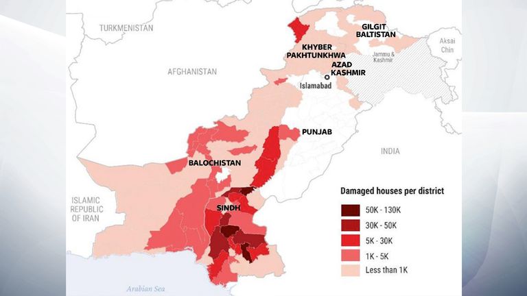 Bu BM haritası, 26 Ağustos itibariyle Pakistan'daki evlere verilen hasarın ölçeğini gösteriyor