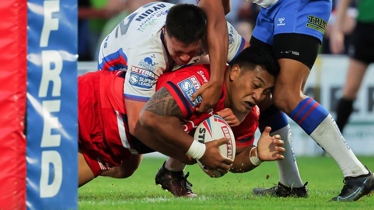 Picture by Alex Whitehead/SWpix.com - 25/08/2022 - Rugby League - Betfred Super League - Wakefield Trinity v Hull KR - Be Well Support Stadium, Wakefield, England - Hull KR’s Albert Vete scores a try.