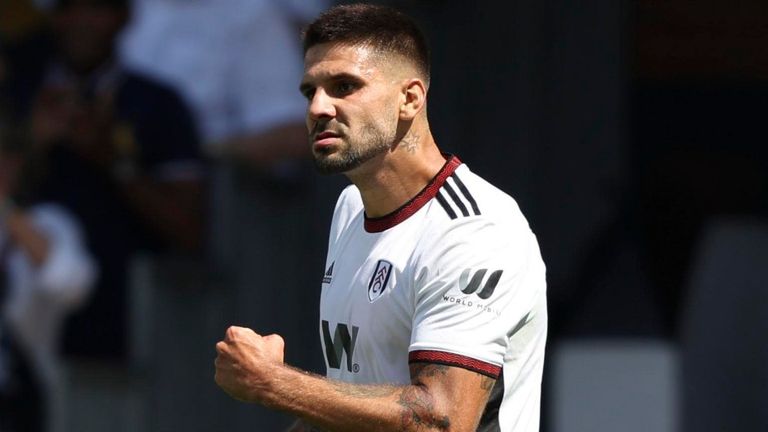 Fulham's Aleksandar Mitrovic celebrates after giving Fulham the lead over Liverpool