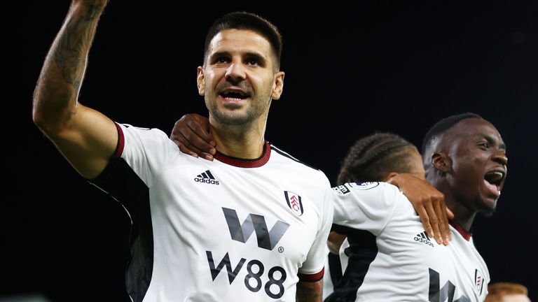 Aleksandar Mitrovic celebrates after scoring Fulham's opening goal against Brighton