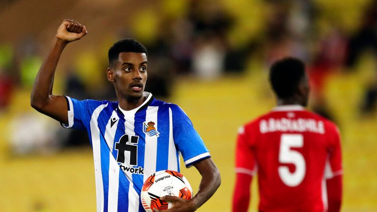 Real Sociedad's Alexander Isak celebrates his goal during the Europa League Group B soccer match between Monaco and Real Sociedad at the Stade Louis II in Monaco, Thursday, Nov. 25, 2021. (AP Photo/Daniel Cole)
