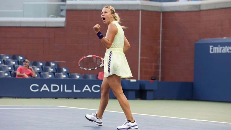 Anett Kontaveit celebrates during a women&#39;s singles match at the 2022 US Open, Monday, Aug. 29, 2022 in Flushing, NY. (Brad Penner/USTA via AP)