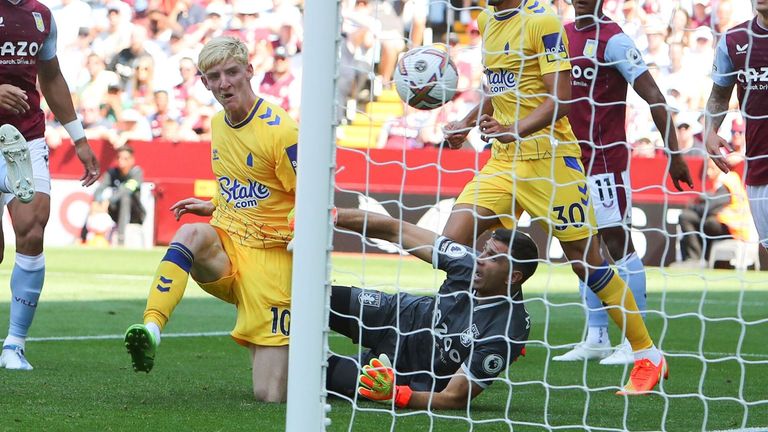 Anthony Gordon bundles a shot over the line but his effort is ruled out for offside