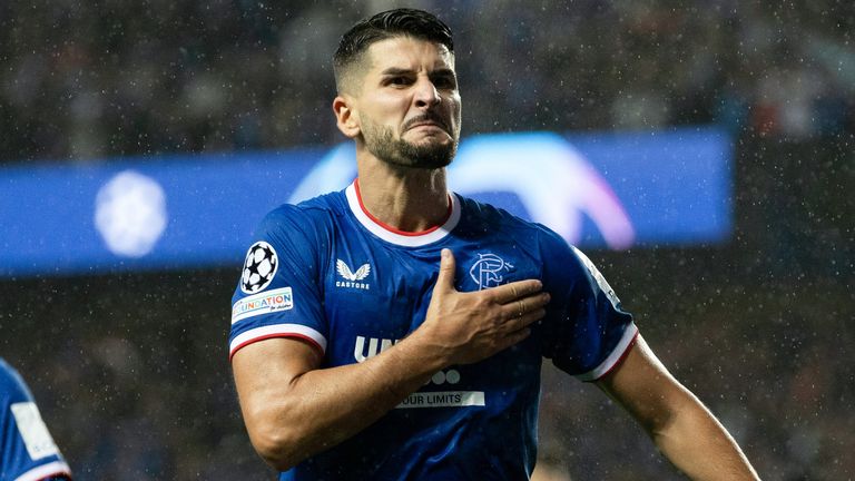 Rangers' Antonio Colak celebrates scoring to make it 1-1 during a UEFA Champions League Play-Off Round match between Rangers and PSV Eindhoven at Ibrox 