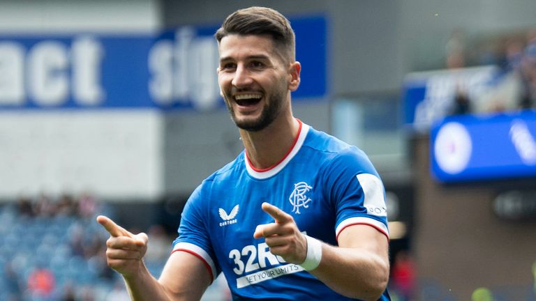 Antonio Colak celebrates after giving Rangers a 2-0 lead against Ross County