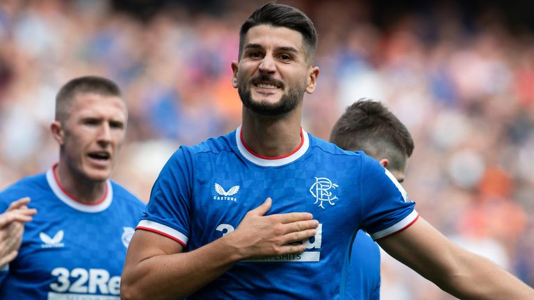 GLASGOW, SCOTLAND - AUGUST 27: Rangers' Antonio Colak celebrates making it 3-0 during a cinch Premiership match between Rangers and Ross County at Ibrox Stadium, on August 27, 2022, in Glasgow, Scotland.  (Photo by Rob Casey / SNS Group)