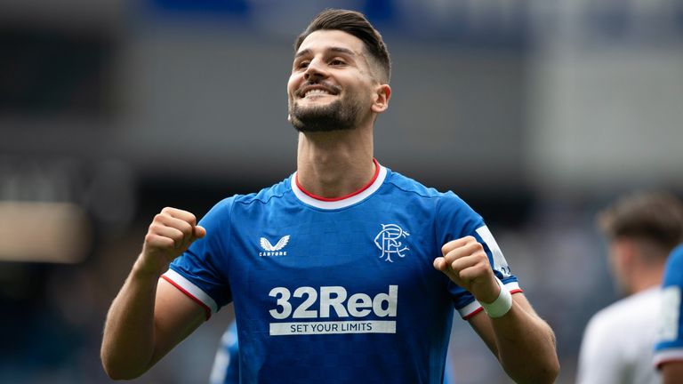 GLASGOW, SCOTLAND - AUGUST 27: Rangers' Antonio Colak celebrates making it 2-0 during a cinch Premiership match between Rangers and Ross County at Ibrox Stadium, on August 27, 2022, in Glasgow, Scotland.  (Photo by Rob Casey / SNS Group)