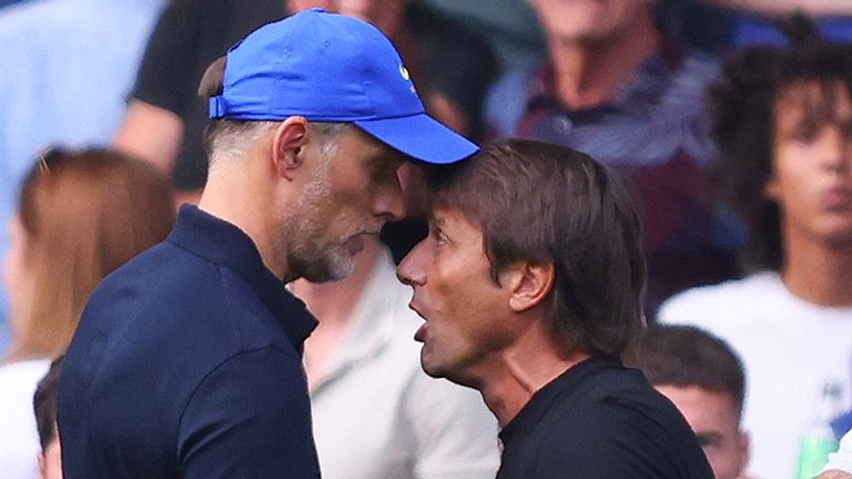 Thomas Tuchel and Antonio Conte clash at the final whistle at Stamford Bridge