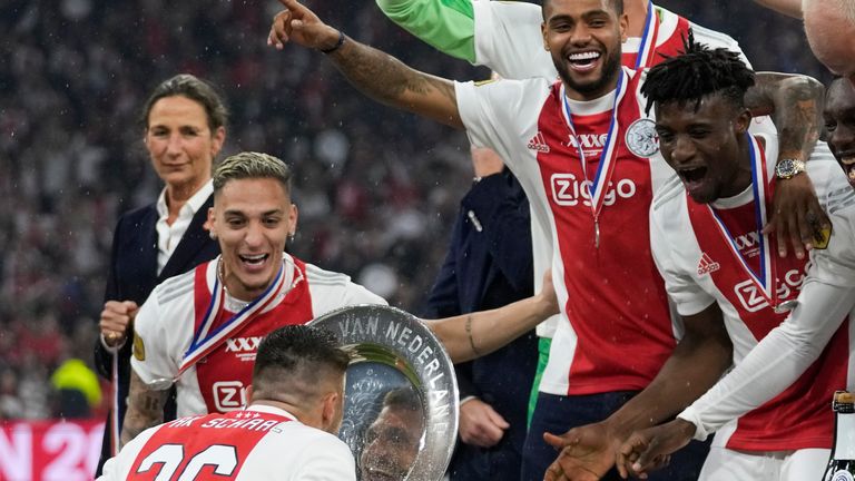 Antony celebrates with Ajax team-mates after their Eredivisie win last season