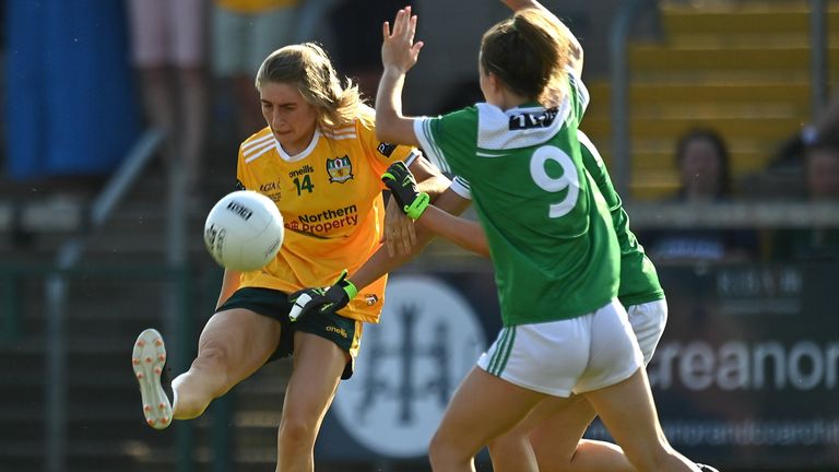 13 August 2022; Orlaith Prenter of Antrim in action against Aisling O'Brien of Fermanagh during the TG4 All-Ireland Ladies Junior Football Championship Final Replay between Antrim and Fermanagh at the Athletic Grounds, Armagh. Photo by Oliver McVeigh/Sportsfile 