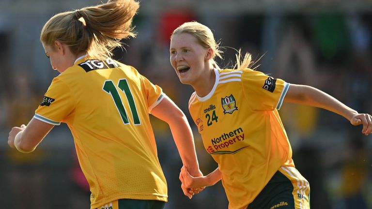 13 August 2022; Cathy Carey of Antrim celebrates with Theresa Mellon after scoring her side's third goal during the TG4 All-Ireland Ladies Junior Football Championship Final Replay between Antrim and Fermanagh at the Athletic Grounds, Armagh. Photo by Oliver McVeigh/Sportsfile 